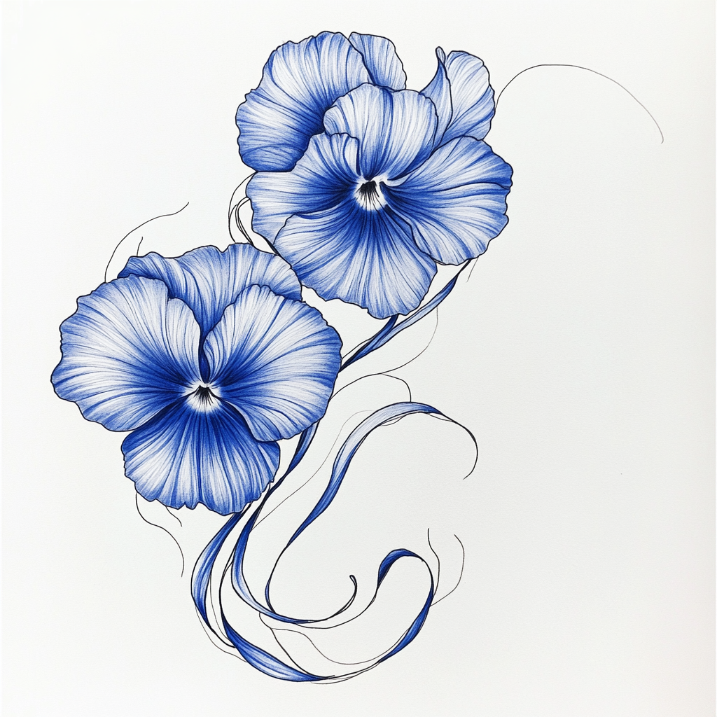 Blue pansy flowers and flowing ribbon tattoo sketch design.