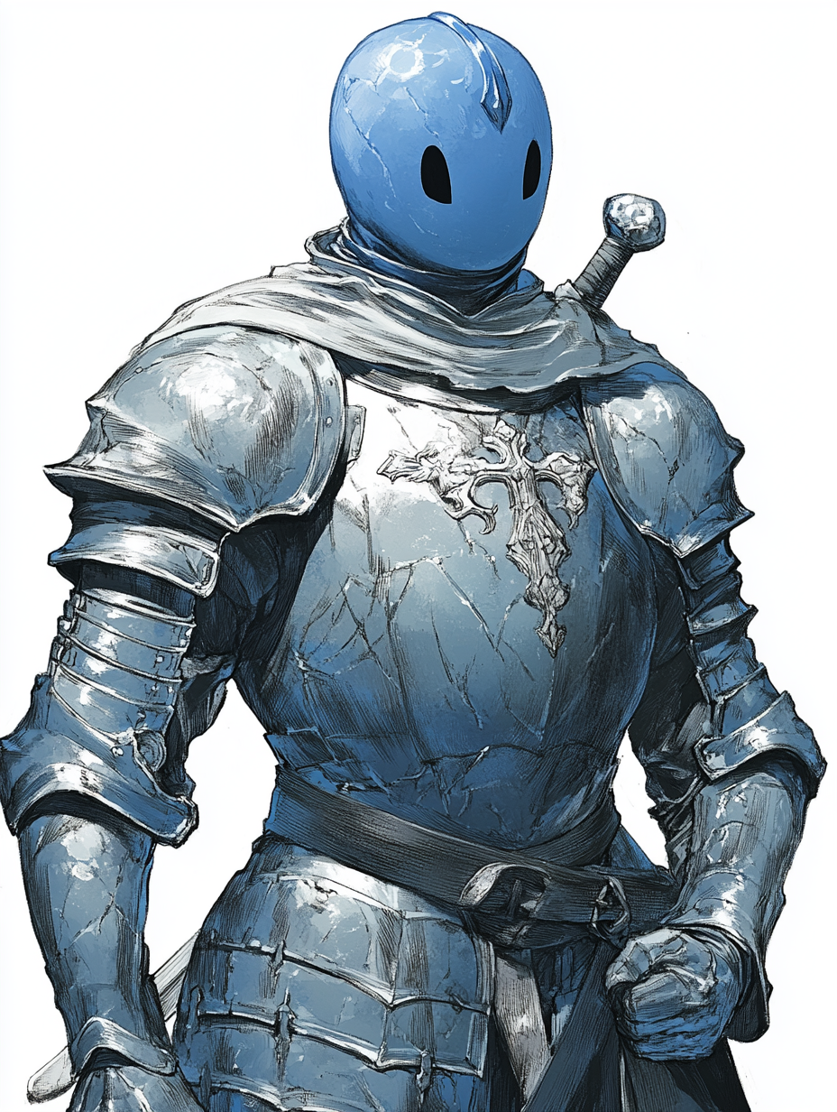 Blue plasmoid figure in shining silver knight armor portrait.