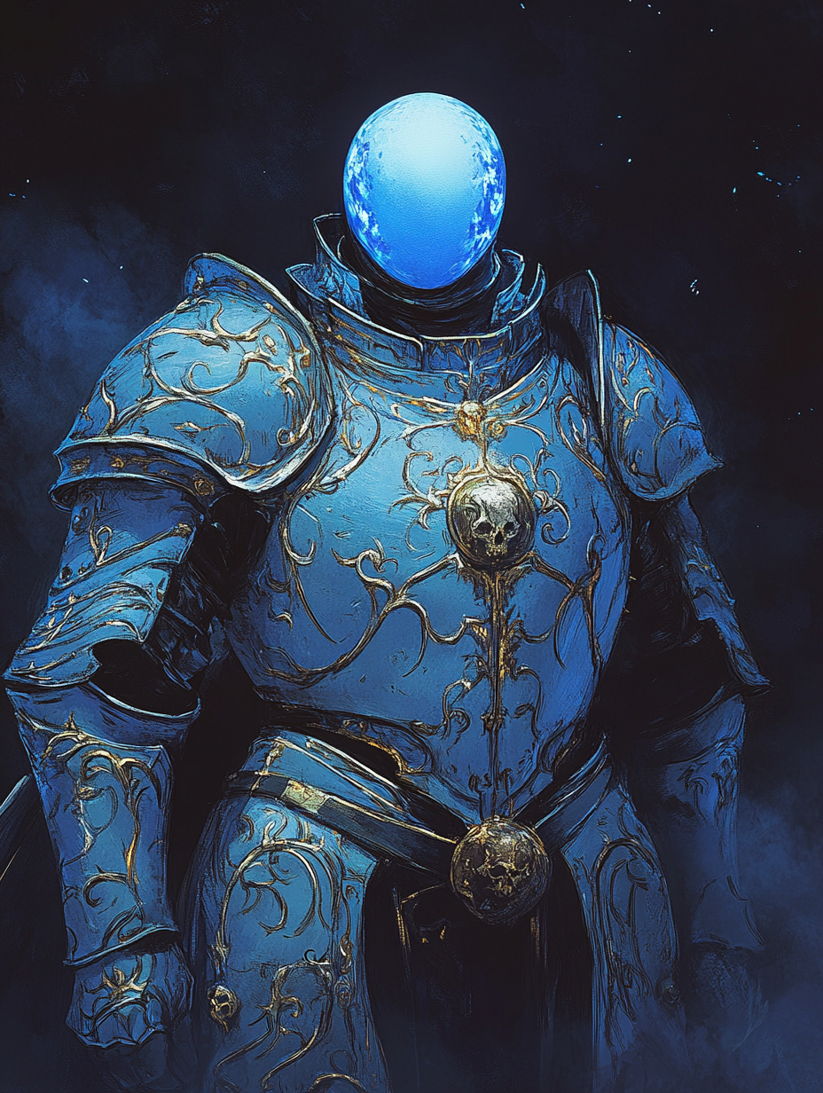 Blue plasmoid figure in shining silver knight armor.