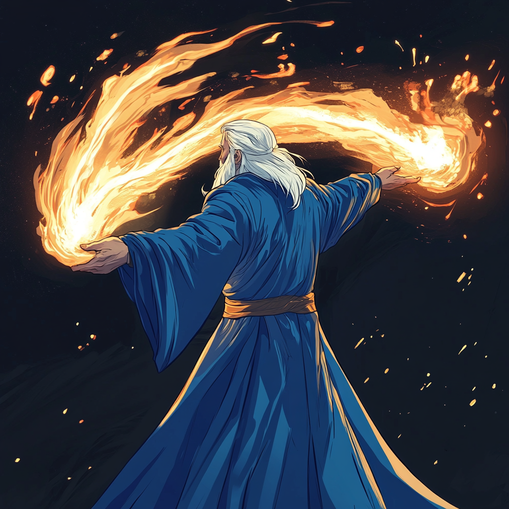 Blue-robed wizard casting fire magic on flaming target.