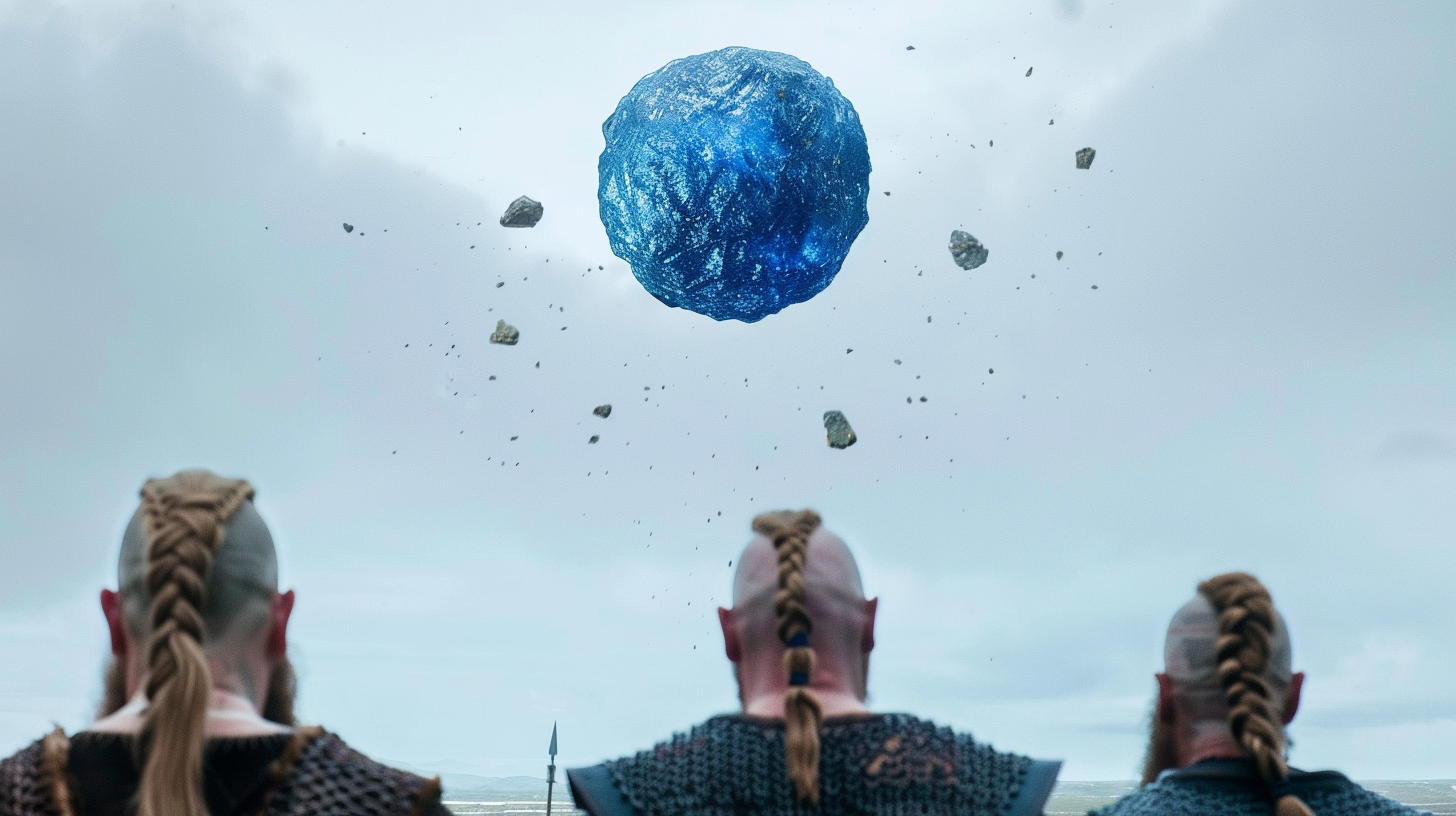 Blue sapphire meteorite falling in Norway, Viking men watching