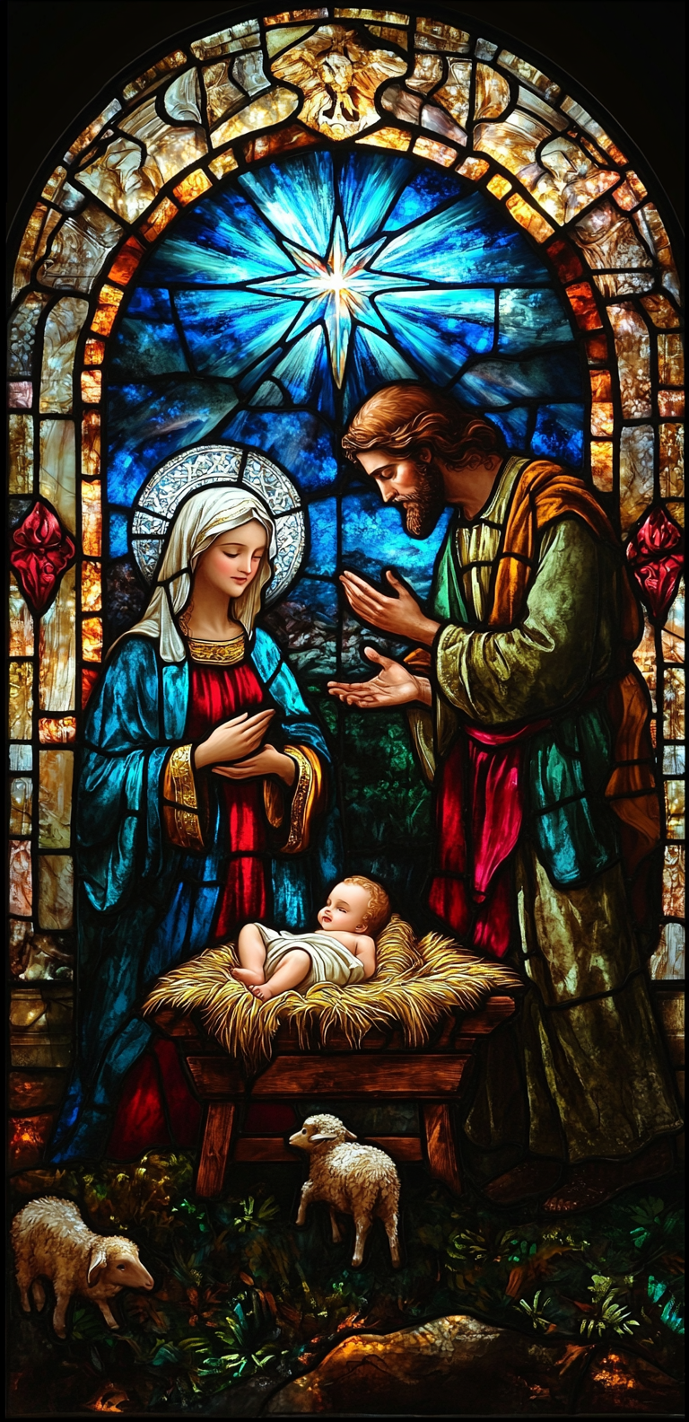 Blue star shines above cradle with Mary, Joseph.