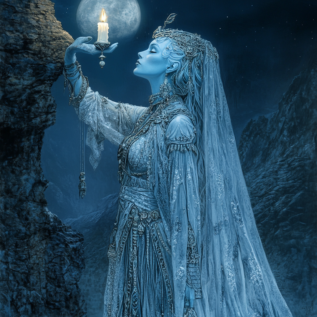 Blue woman with wax skin, candle head, silver robes, moon.