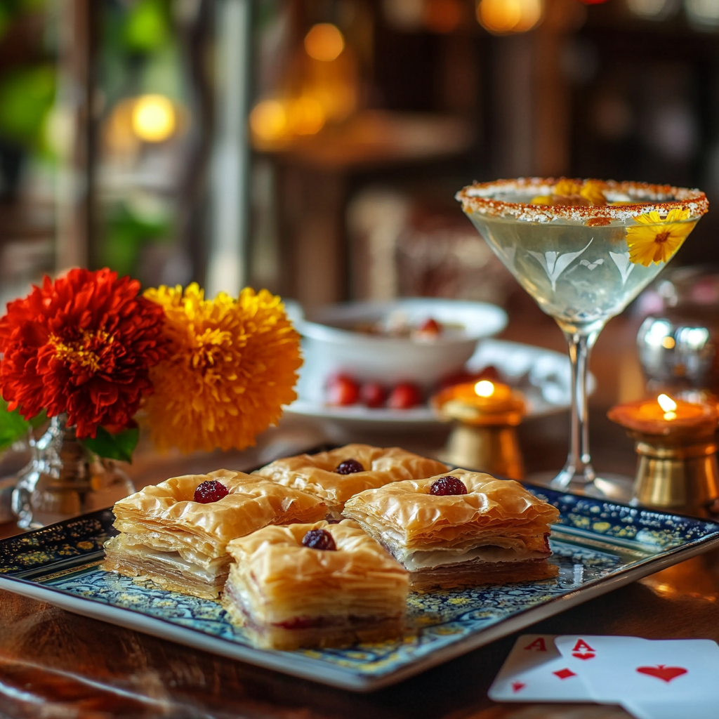 Blueberry baklava, gin and tonic in bright image