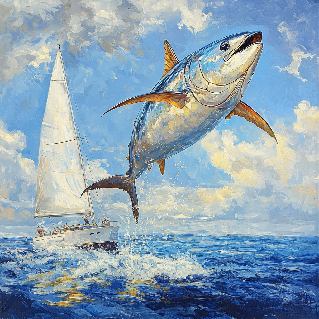 Bluefin tuna jumping over sailboat in serene ocean setting.