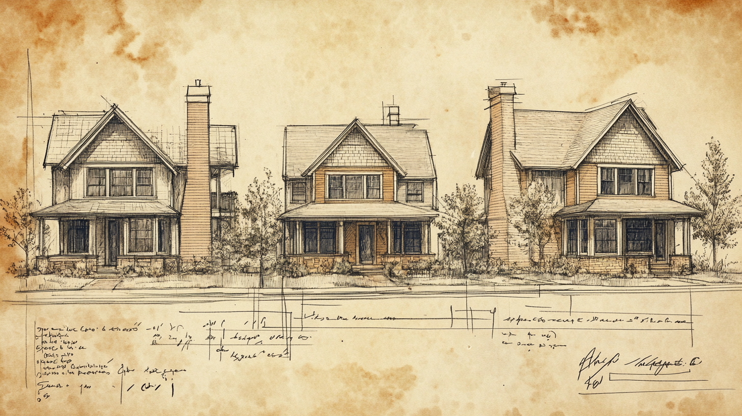 Blueprints of small houses with detailed measurements and sketches.