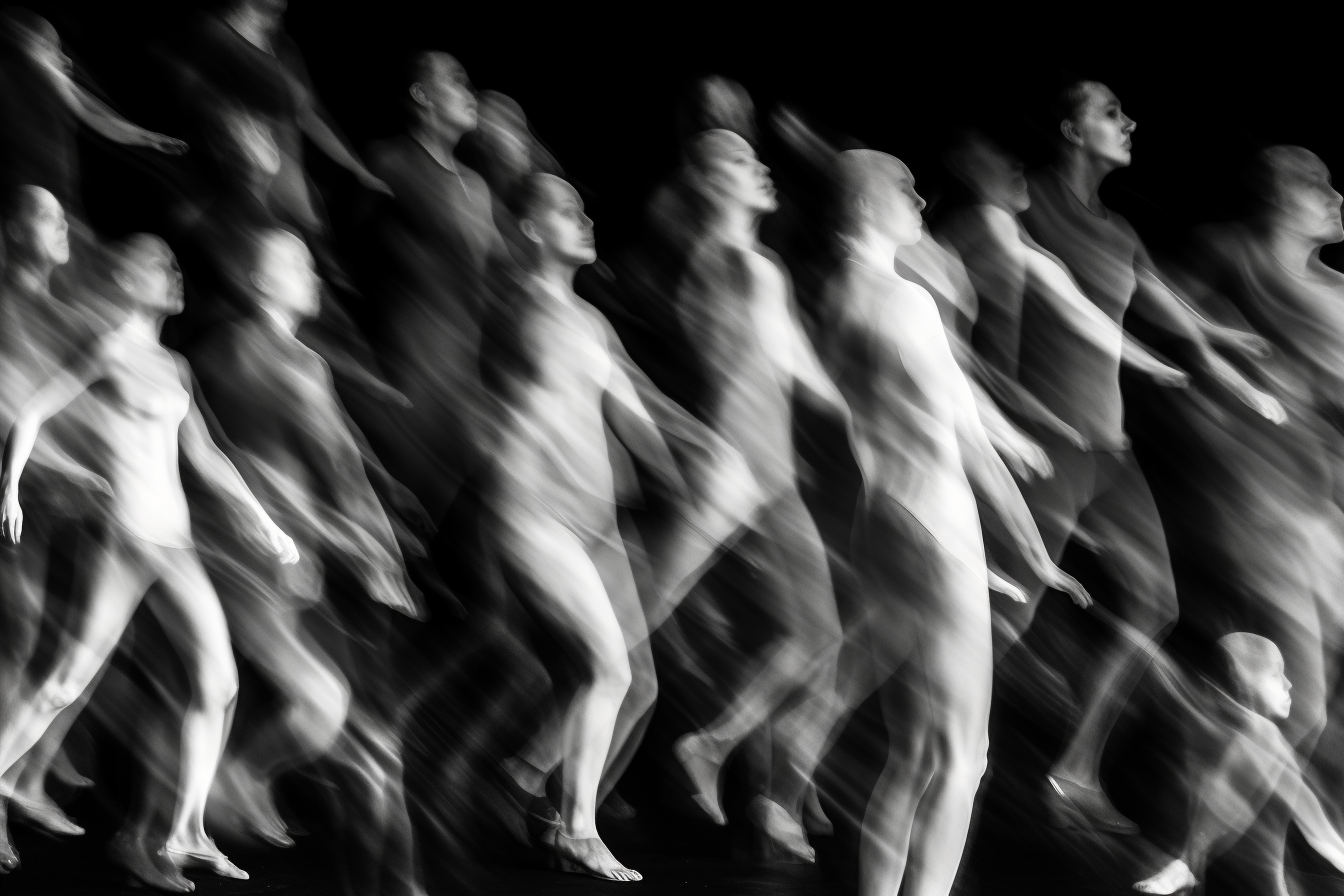 Blurred black and white human shapes in motion.