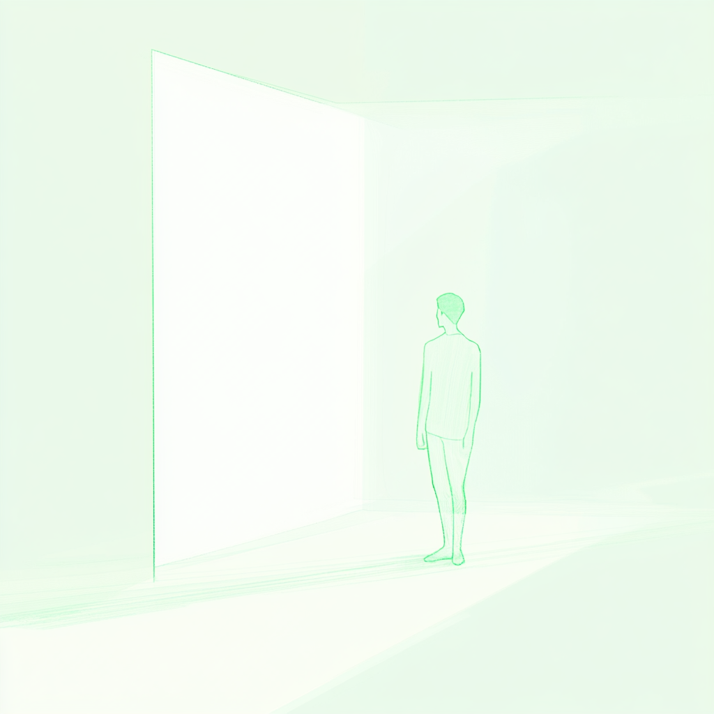 Blurred figure in minimalist room with cold light scenery.