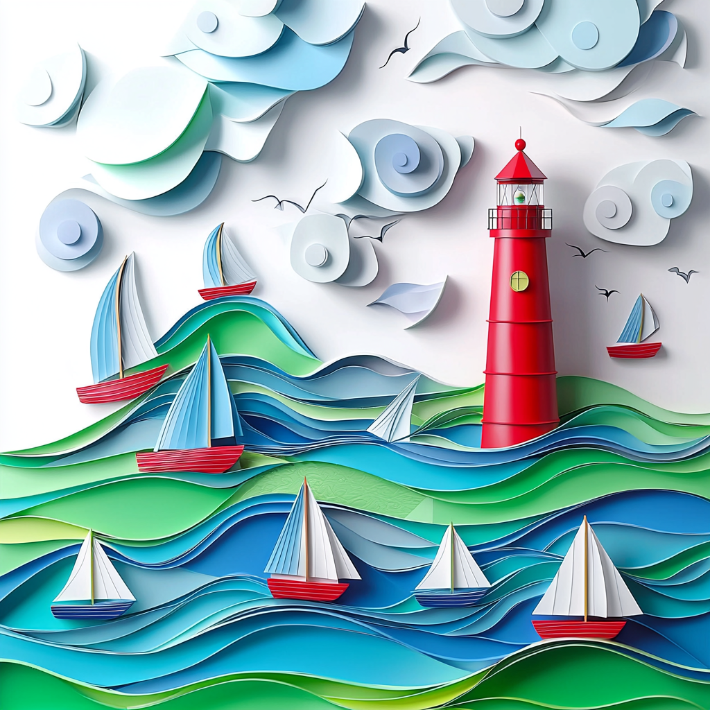 Boats and lighthouse in blue-green sea scene.