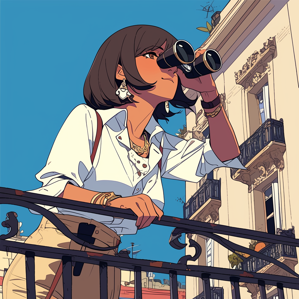 Bob cut Mexican woman with binoculars in futuristic city.