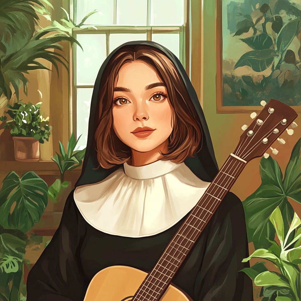 Bobbed hair, golden eyes, acoustic guitars, house plants.