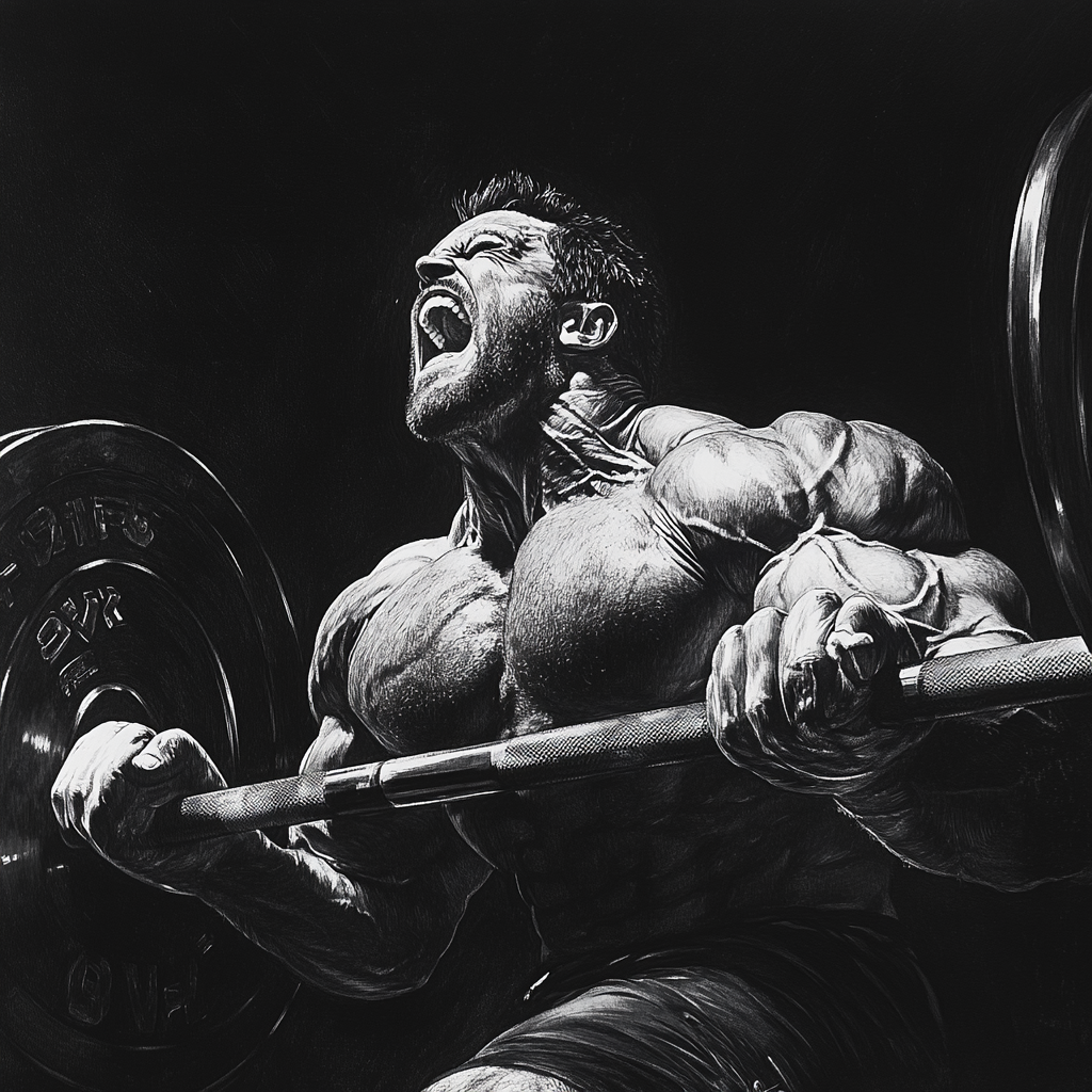 Bodybuilder grimaces lifting barbell flat bench press above chest.