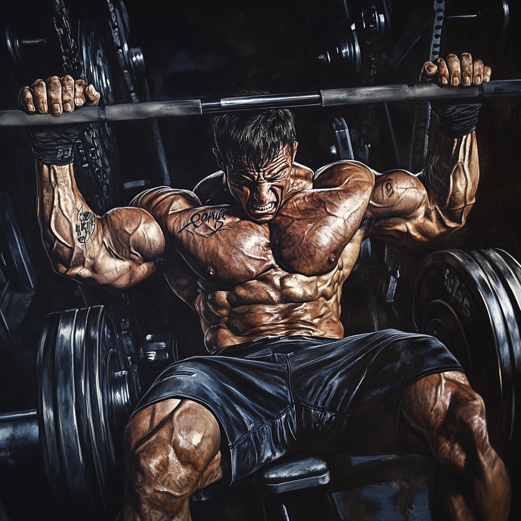 Bodybuilder lifts barbell, grimaces with effort, HD detail image.