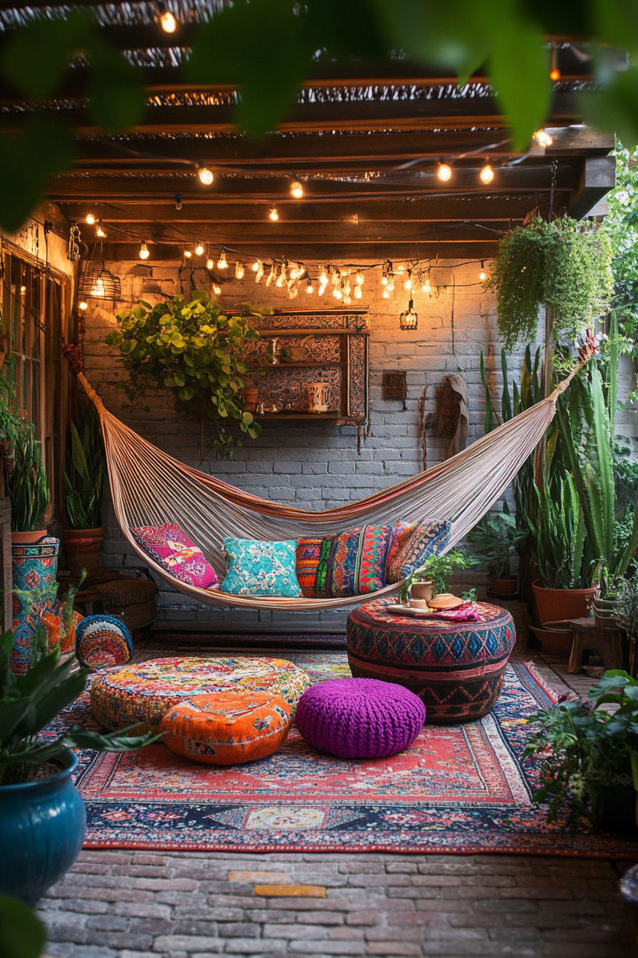 Bohemian chic patio with colorful furniture, hanging plants.