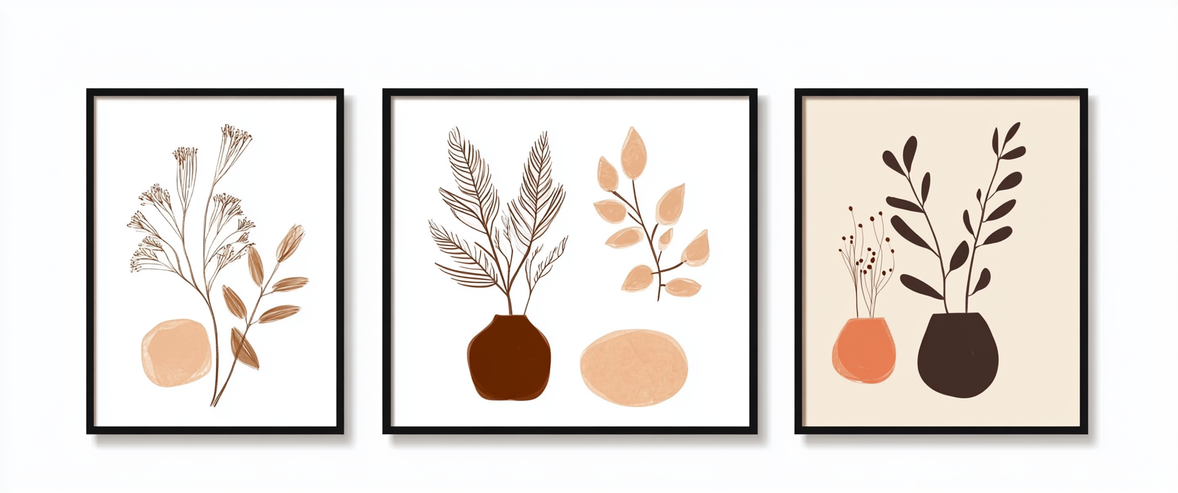 Boho art with plants in brown tones on white.