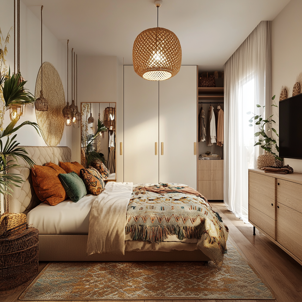 Boho chic bedroom with upholstered bedset, dresser, commode.