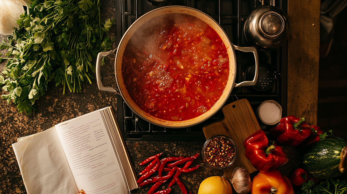 Boiling chili soup on kitchen table with recipe book