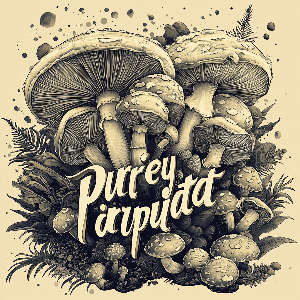 Bold, dynamic logo for 'PurePartyProducts' with artistic mushroom designs.