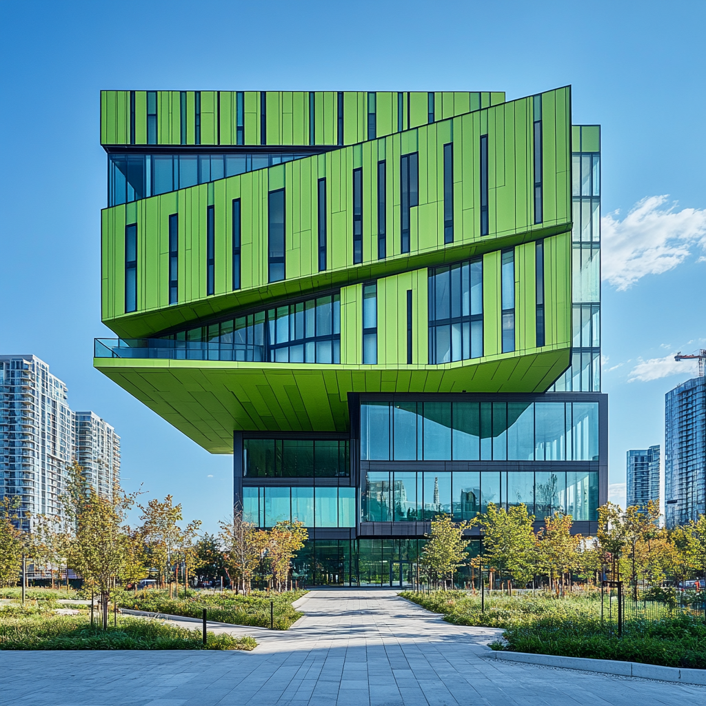 Bold, green building surrounded by peaceful courtyard and trees.