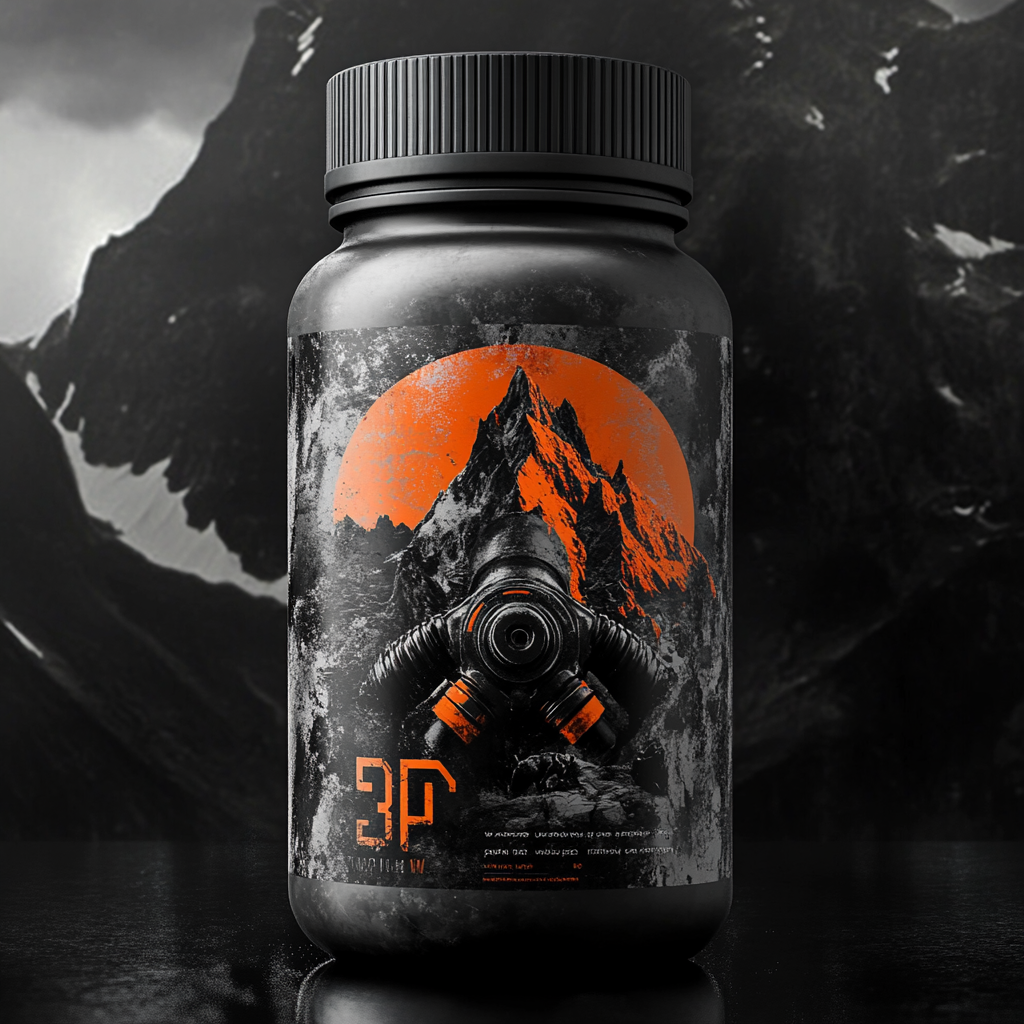 Bold, intense pre-workout label inspired by post-apocalyptic survival