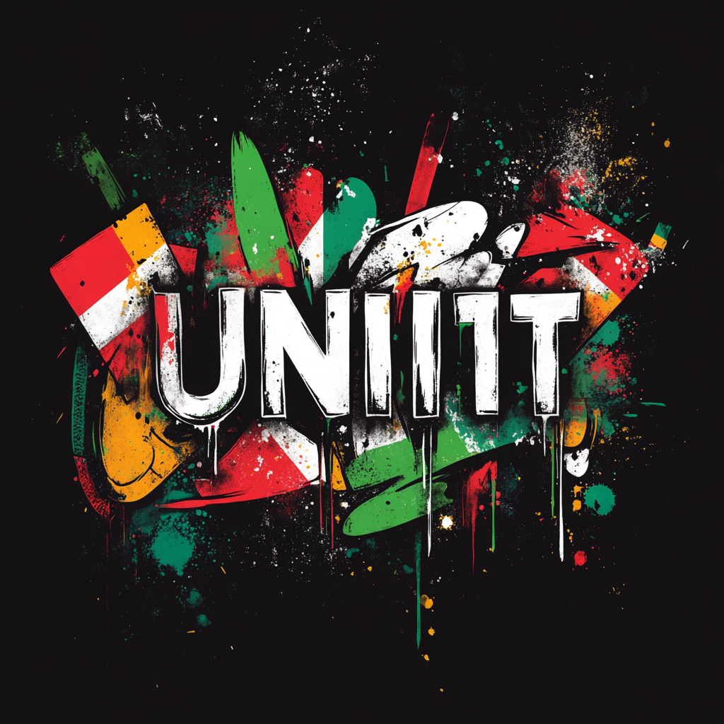 Bold, vibrant graffiti logo design with 'UNITY' in 90s style.