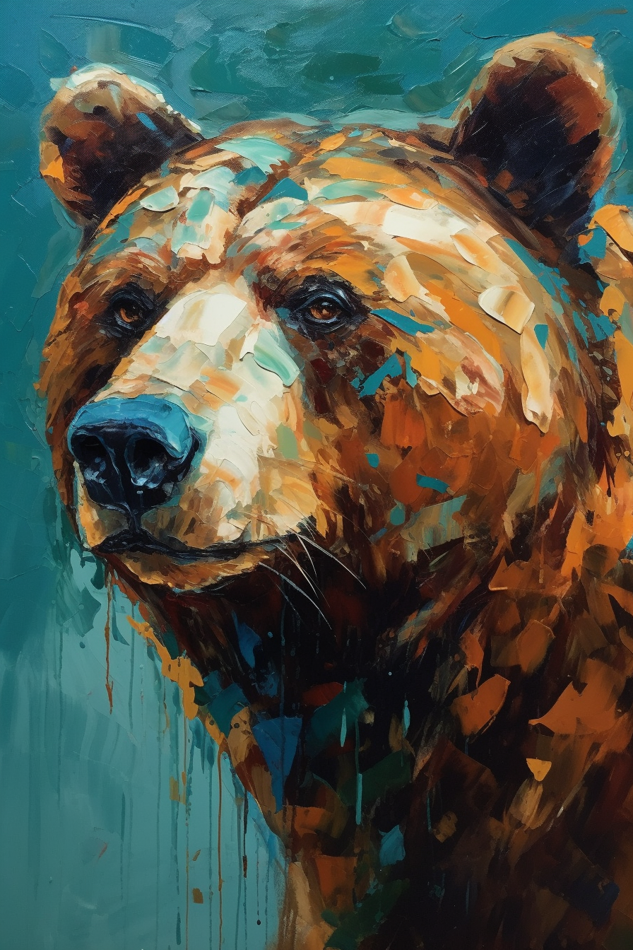 Bold Bear Portrait in Sheeler Style, Turquoise Background