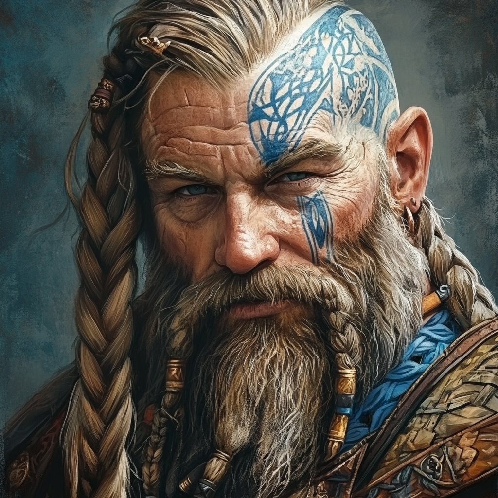 Bold Dwarf Bard with Blue Tattoos and Braided Beard