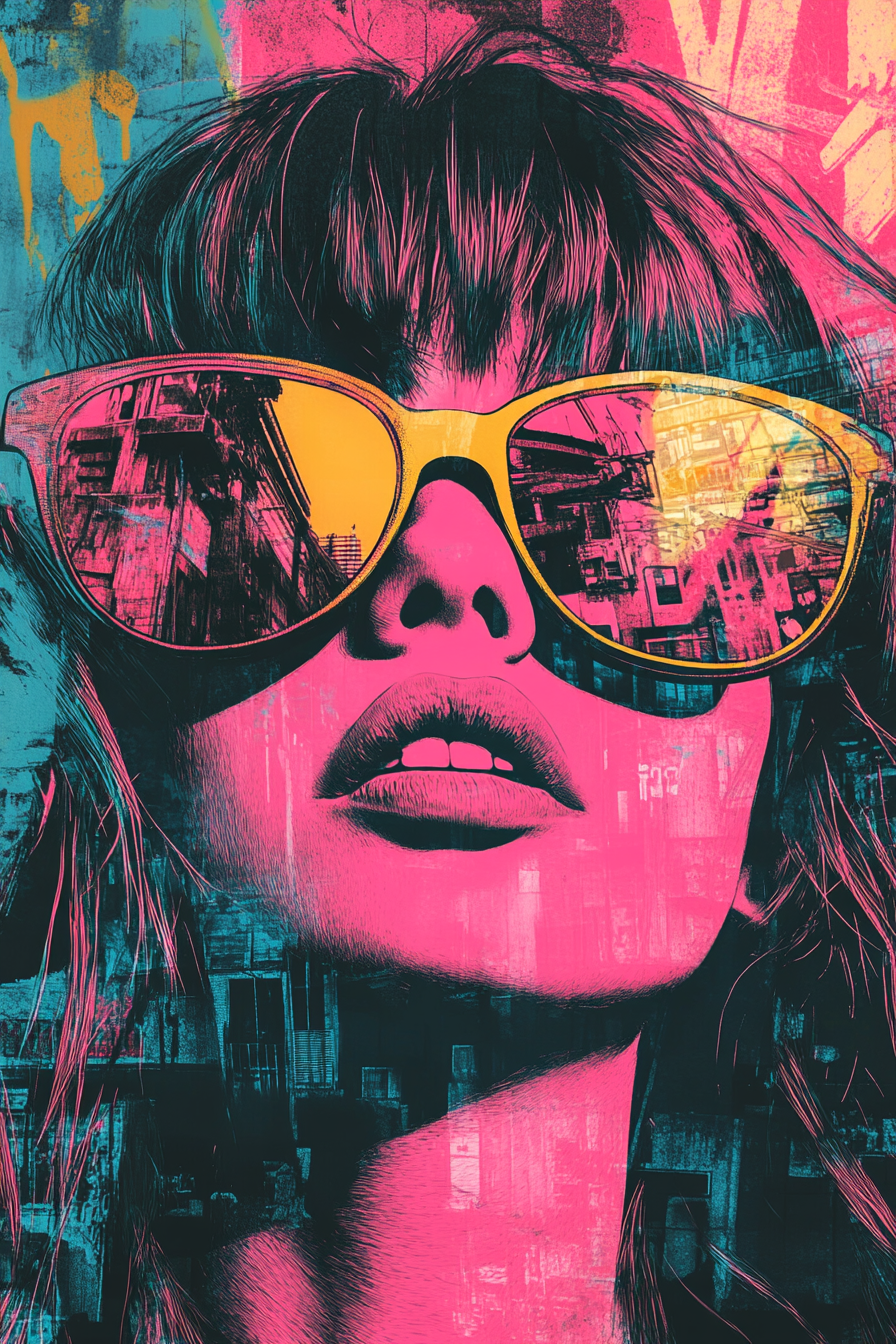 Bold Woman in Sunglasses Reflecting Neon Urban Chaos