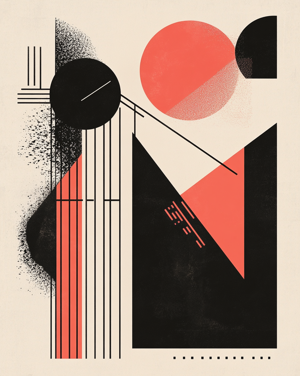 Bold abstract shapes in muted colors.