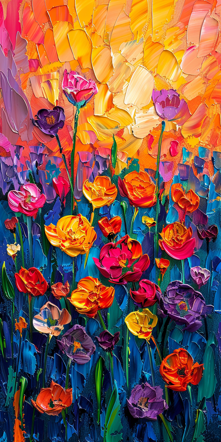 Bold brush strokes sunrise scenery close-up tulip field garden.