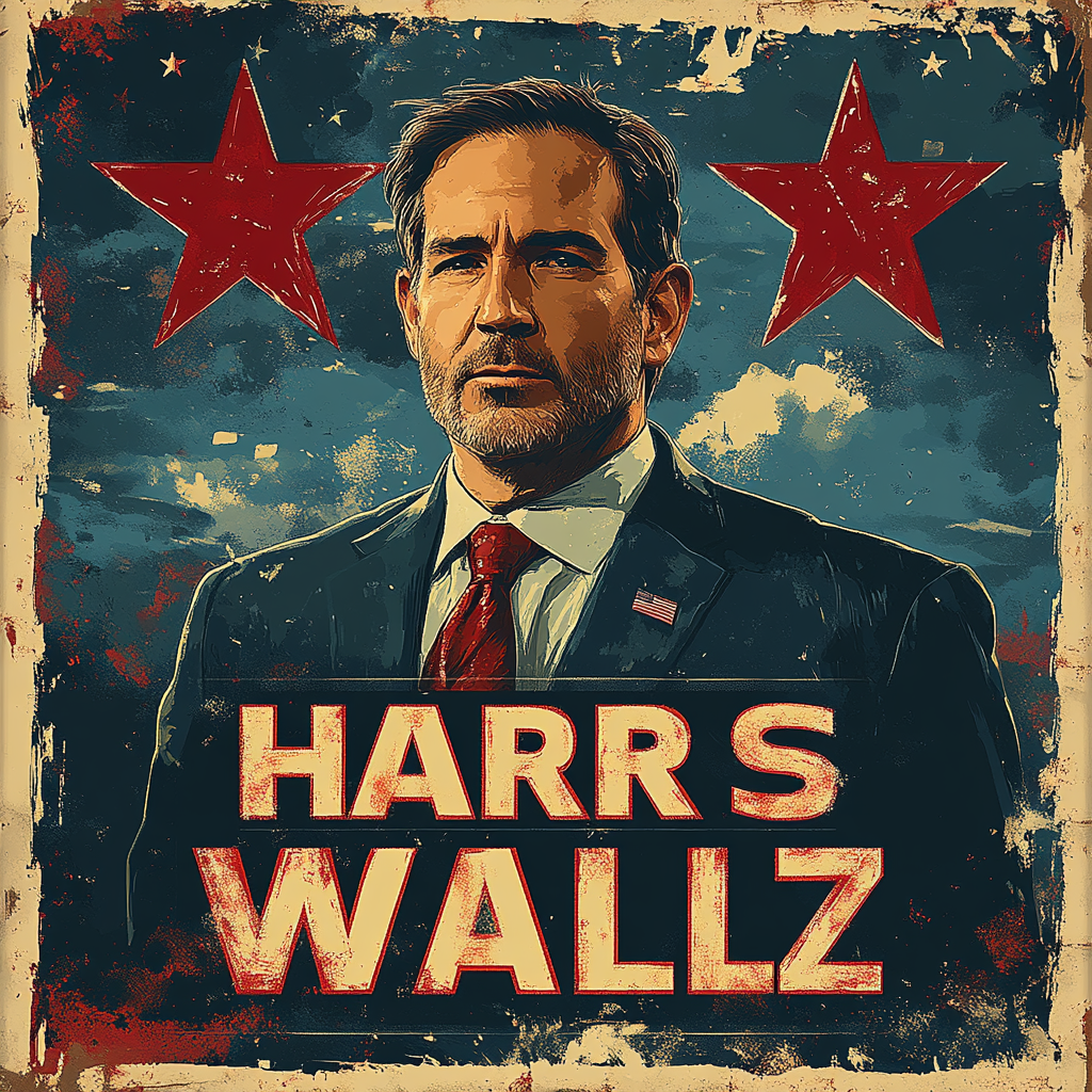 Bold campaign sign for HARRIS WALZ 2024 election.