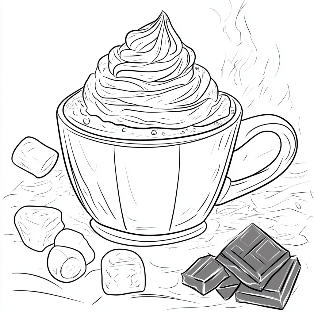 Bold outline hot chocolate coloring page with toppings