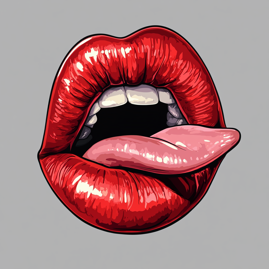 Bold red lipstick kiss with playful tongue for T-shirt.