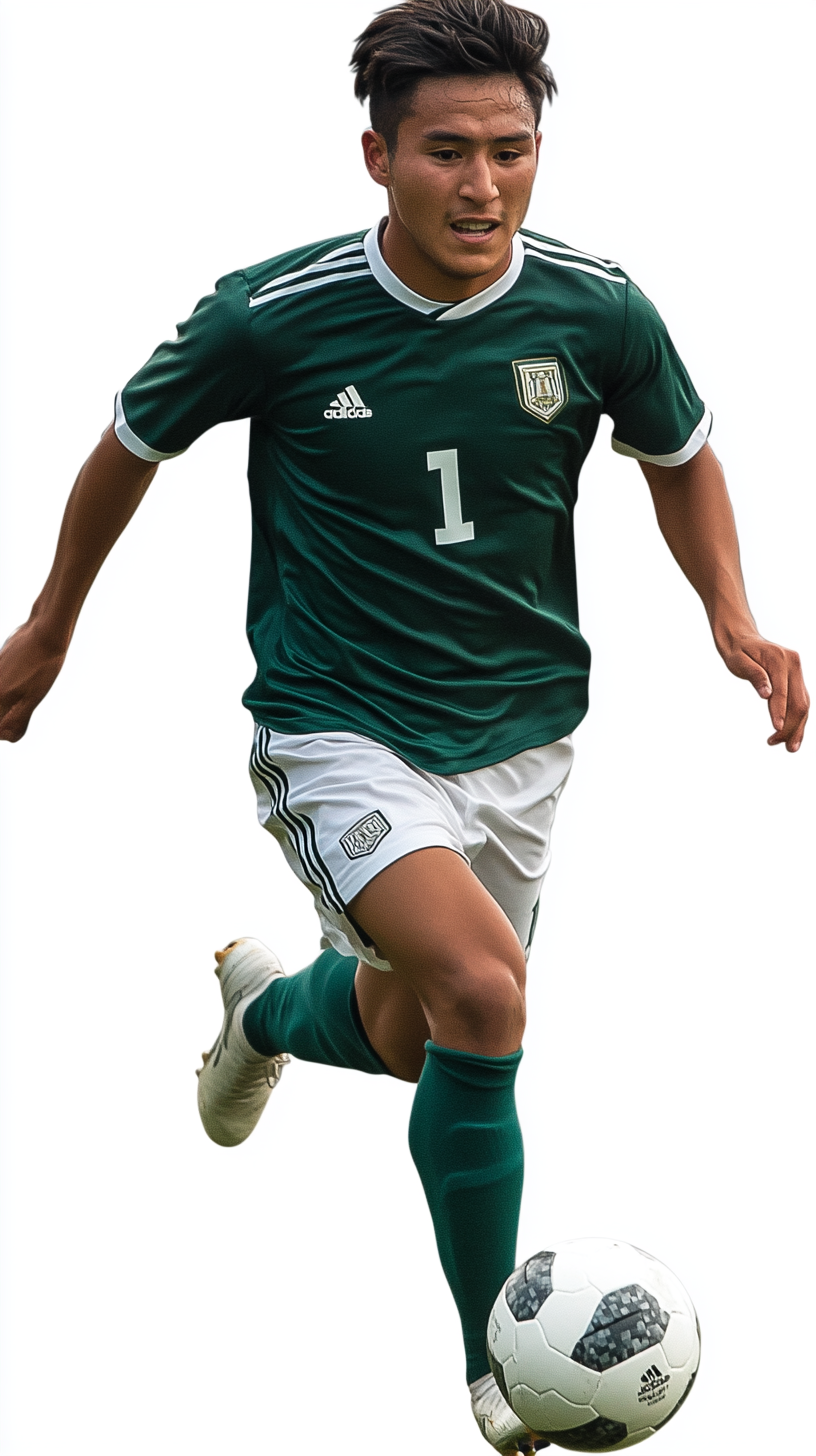 Bolivian soccer player in green shirt, white shorts, side view