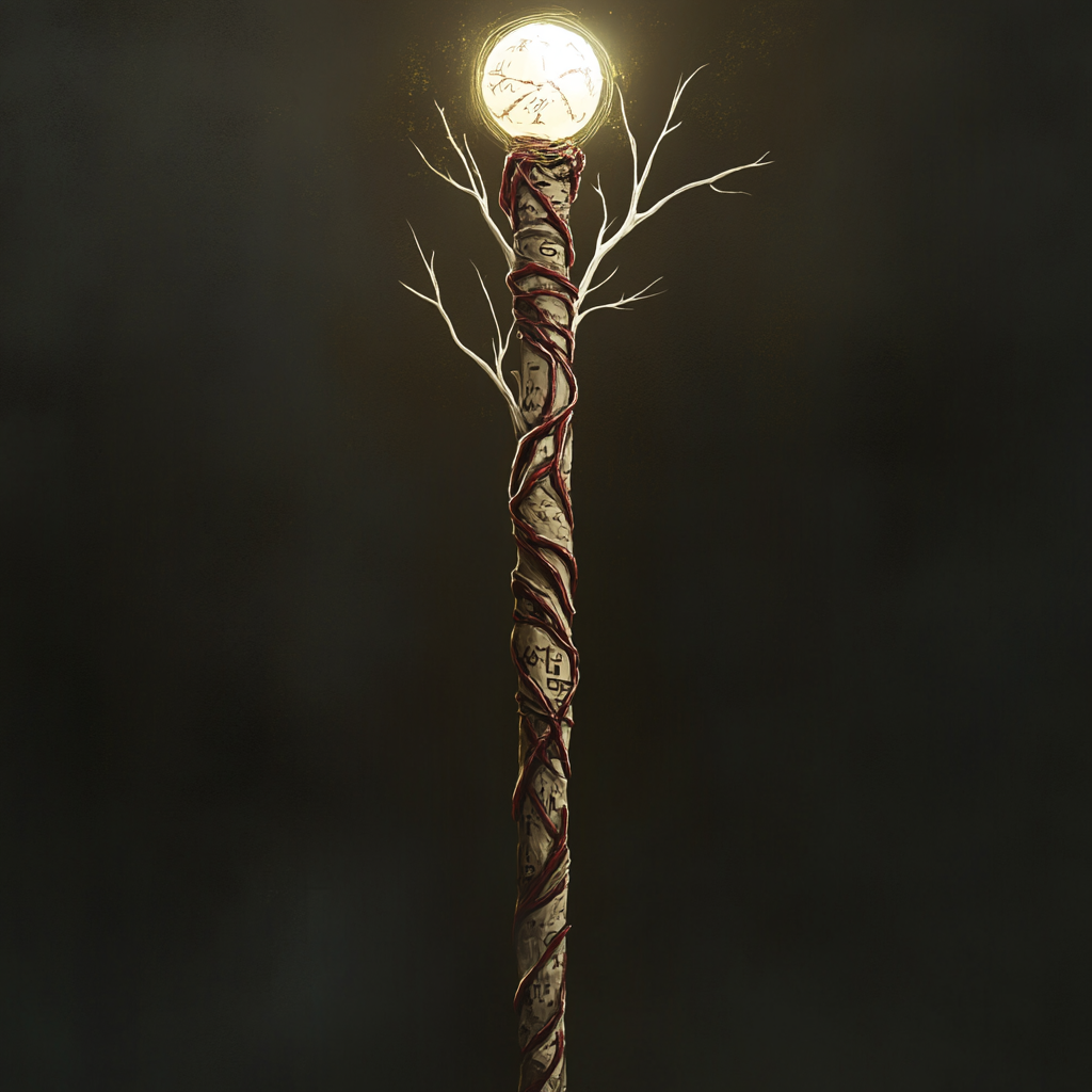 Bone staff with maroon lines, glowing orb, strange inscriptions.