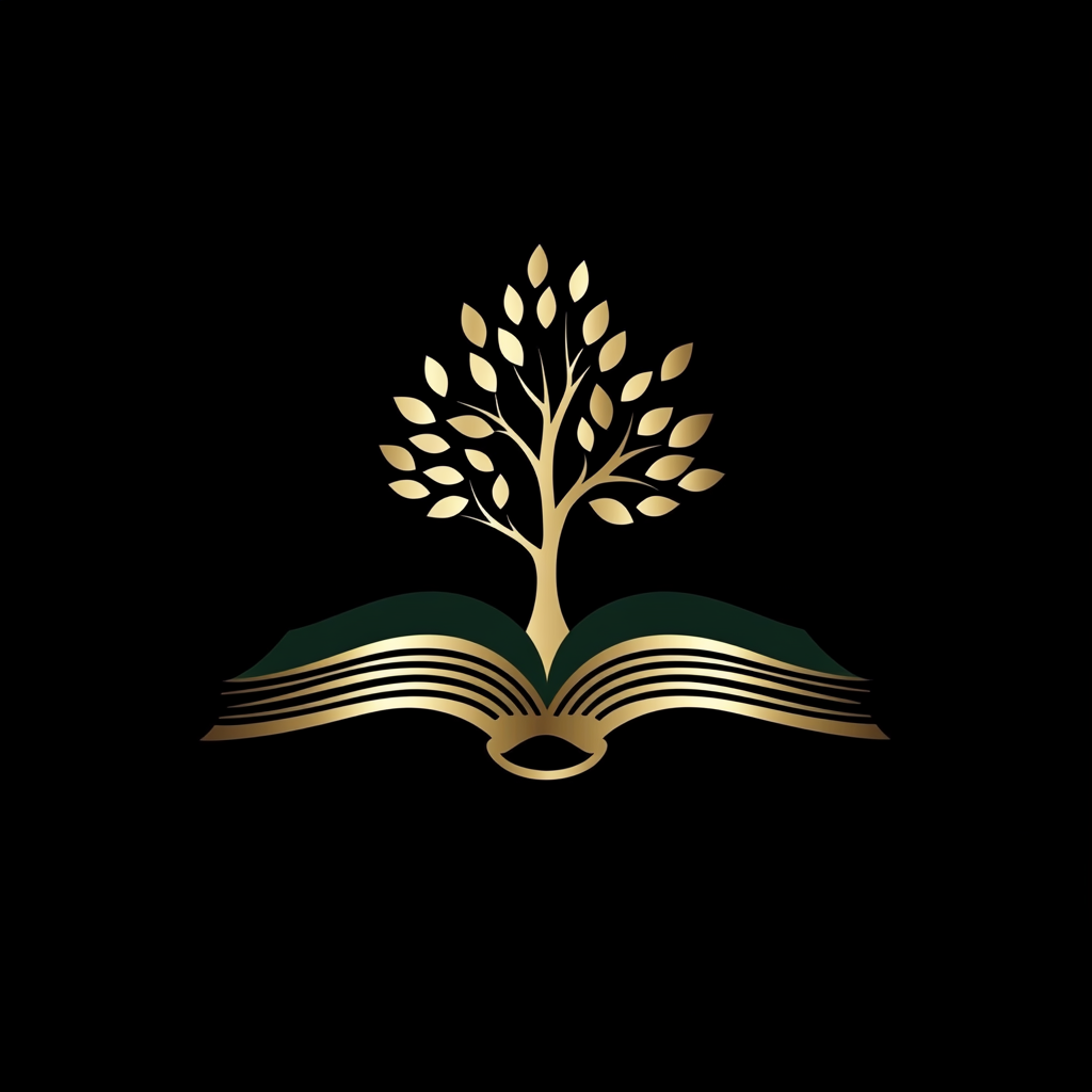 Book logo design: gold semi-closed book, metallic green tree.