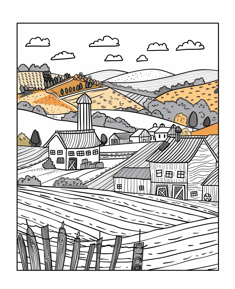 Book page: Black and white farm illustration.