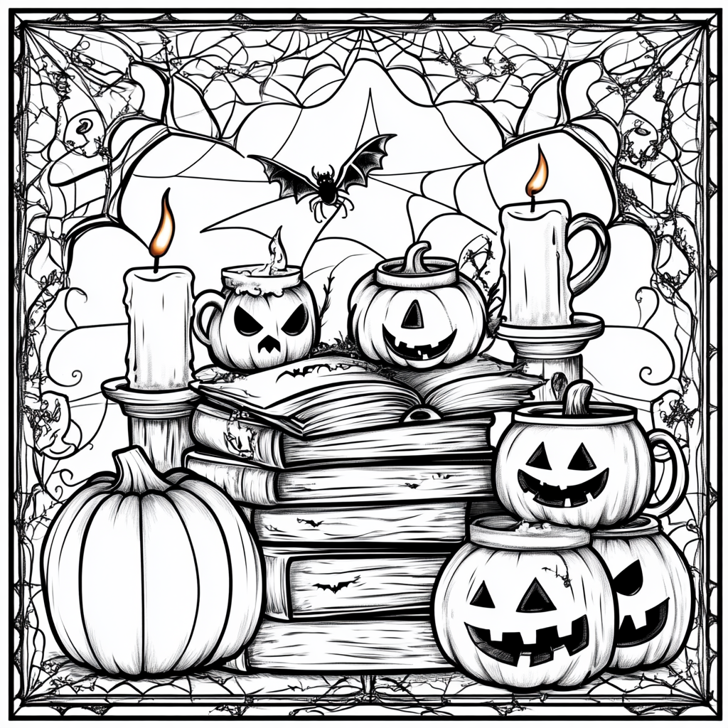 Books, candles, mugs with Halloween symbols, spider webs border