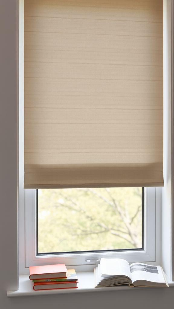 Books on windowsill under roller blinds with fabric.