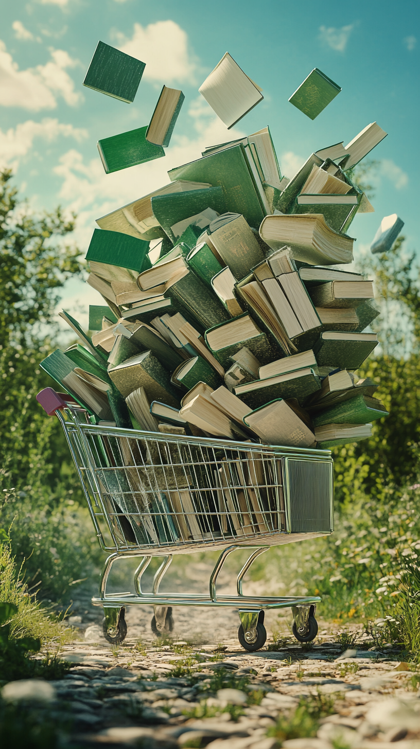 Books tumbling down hill, cart overflowing with green.