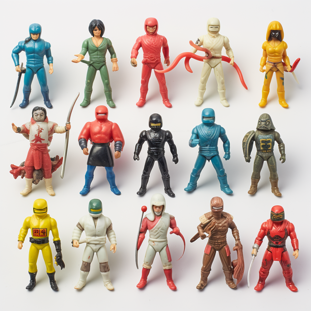 Bootleg 1960s Japanese ninja toys on white background.