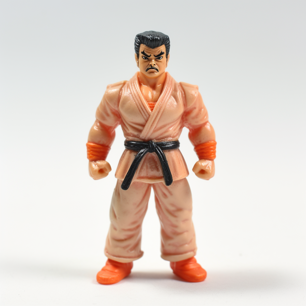 Bootleg dojo master toy, low detail, crude painting, action figure.