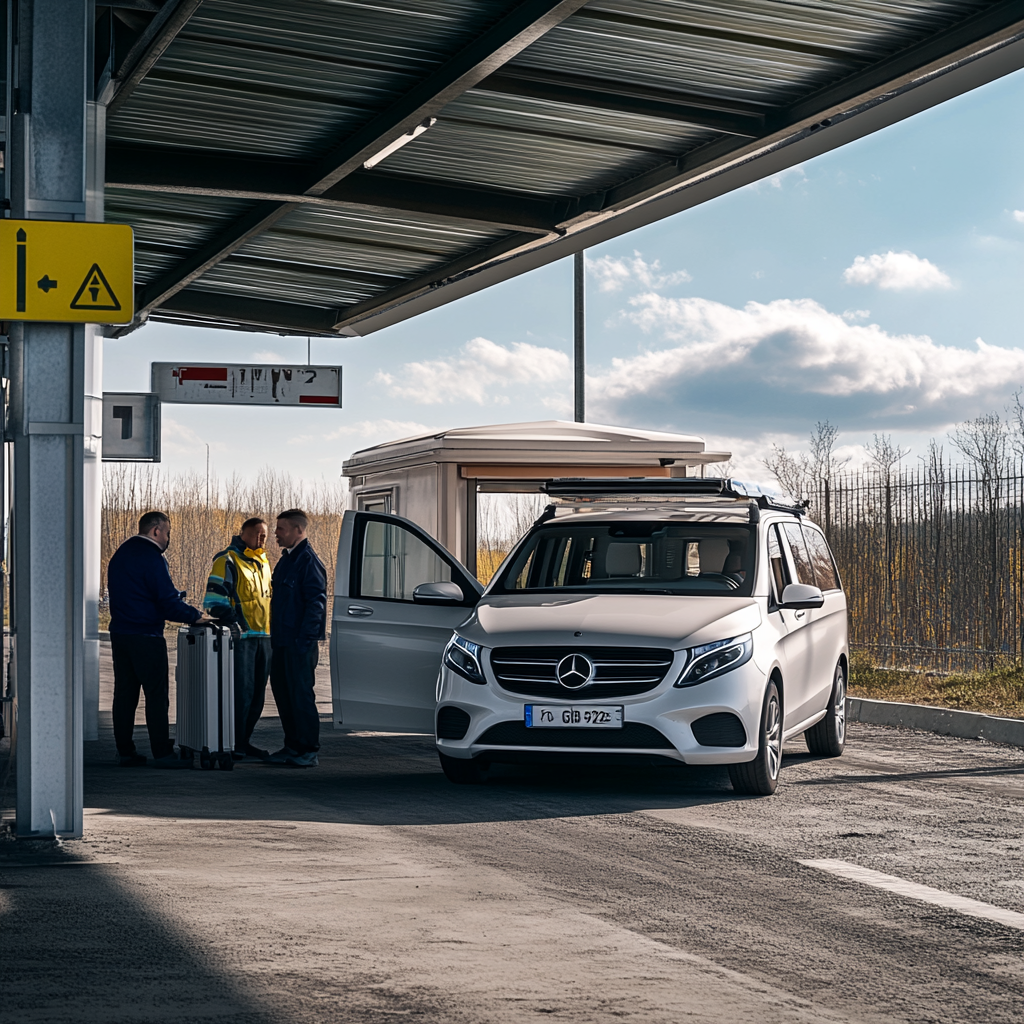 Border control scene: Ukraine-Romania checkpoint, car inspection, travel prep.