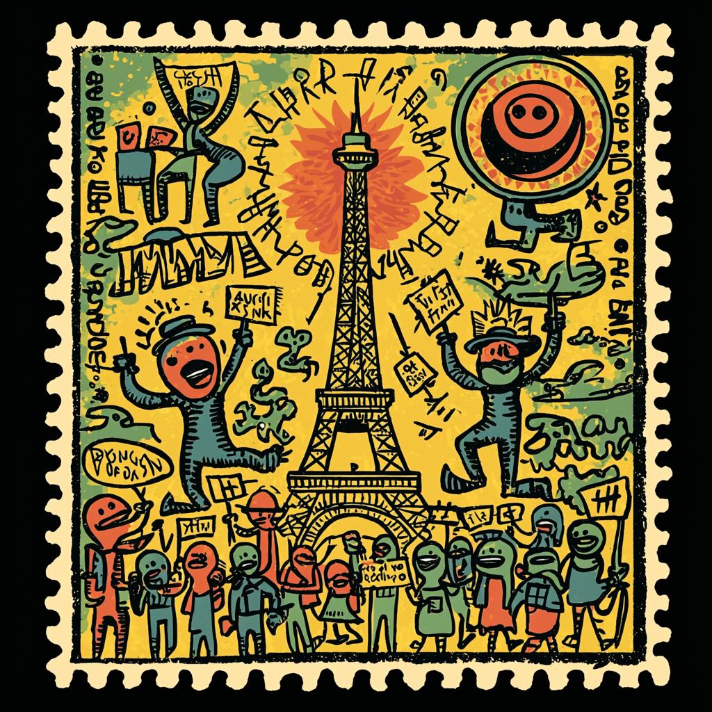 Border design stamp with whimsical French protest at Eifeltower.