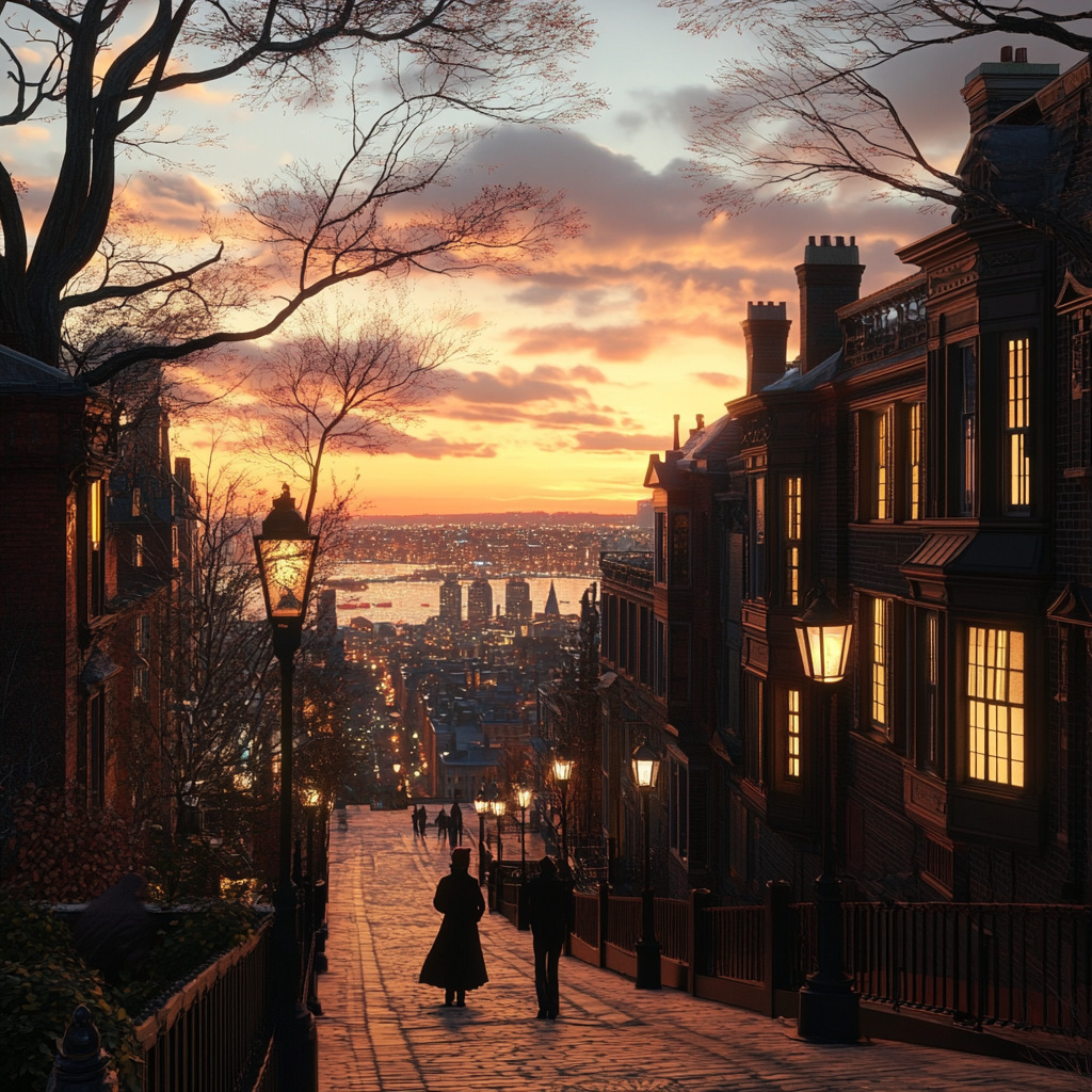 Boston in 1900s: old houses, people, sea view.