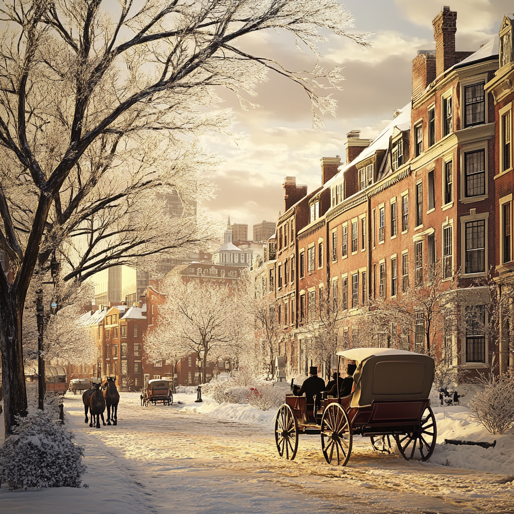 Boston in 1900s: realistic, old city, winter flowers.