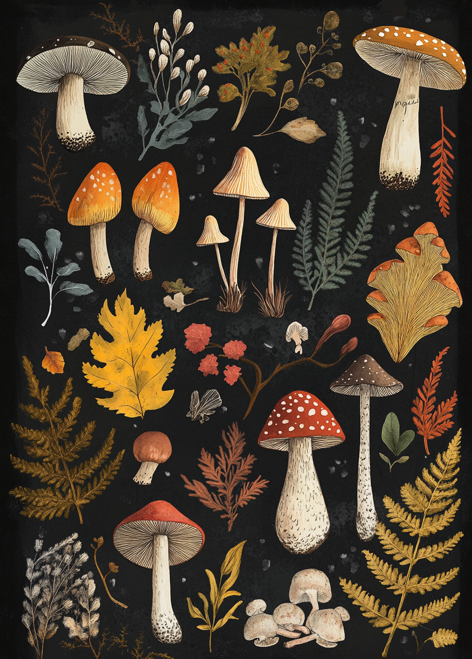 Botanical forest print with vibrant colors and detailed illustrations