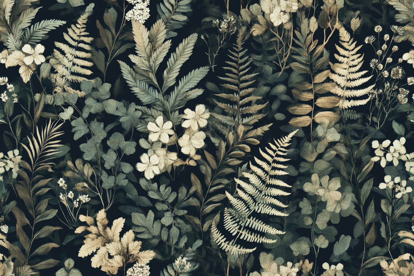 Botanical wallpaper with ferns, leaves, delicate flowers. Rich, elegant.