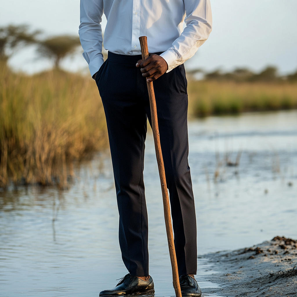 Botswana groom in navy trousers and black shoes.