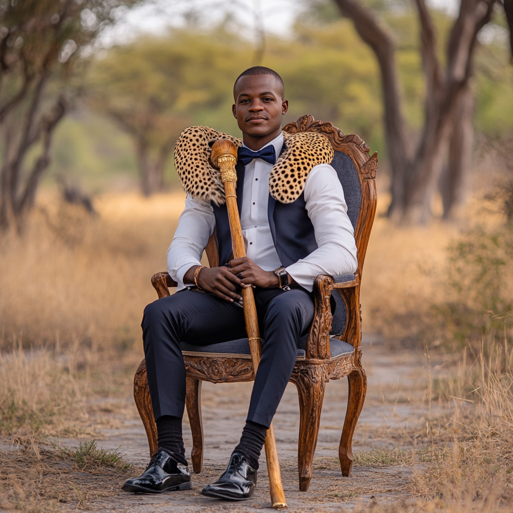 Botswana groom sits on royal chair, holding staff.